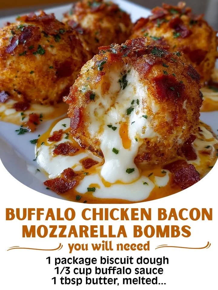 Buffalo Chicken Bacon Mozzarella Bombs with melted cheese and crispy bacon