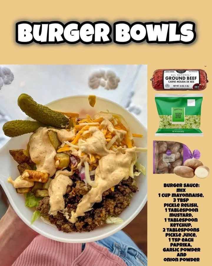 Delicious and colorful burger bowls loaded with fresh ingredients.