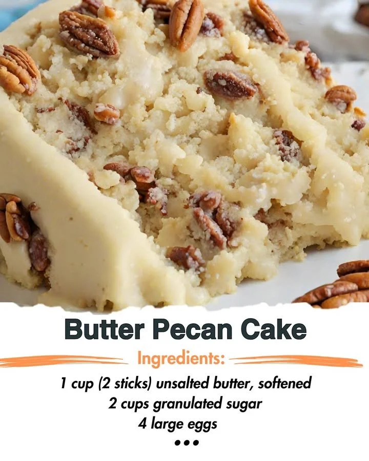 Moist Butter Pecan Cake topped with pecans and cream, ideal for dessert lovers.