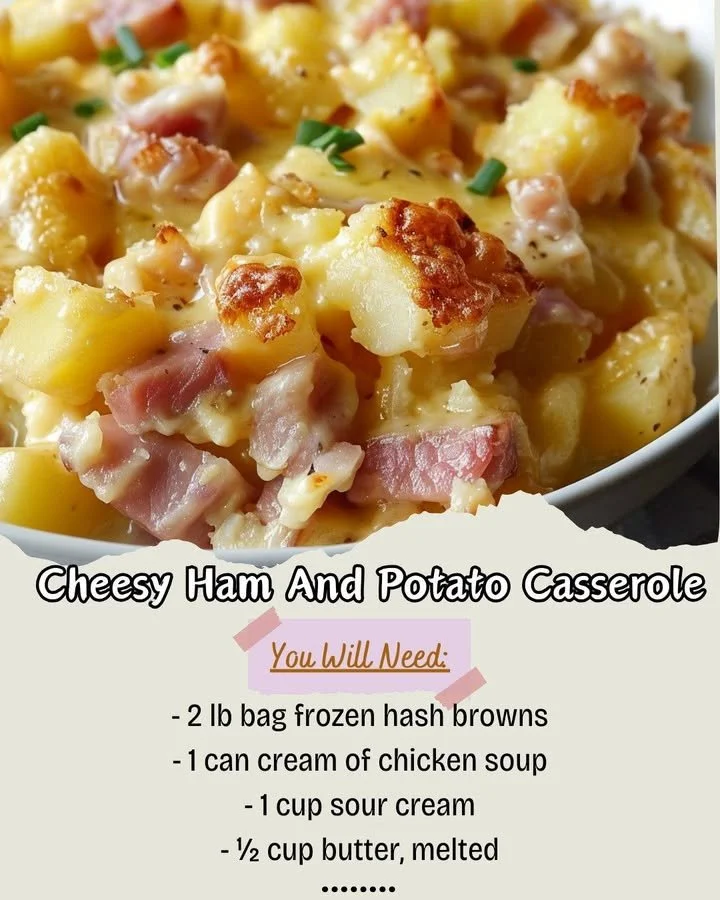 Cheesy ham and potato casserole topped with melted cheese and herbs