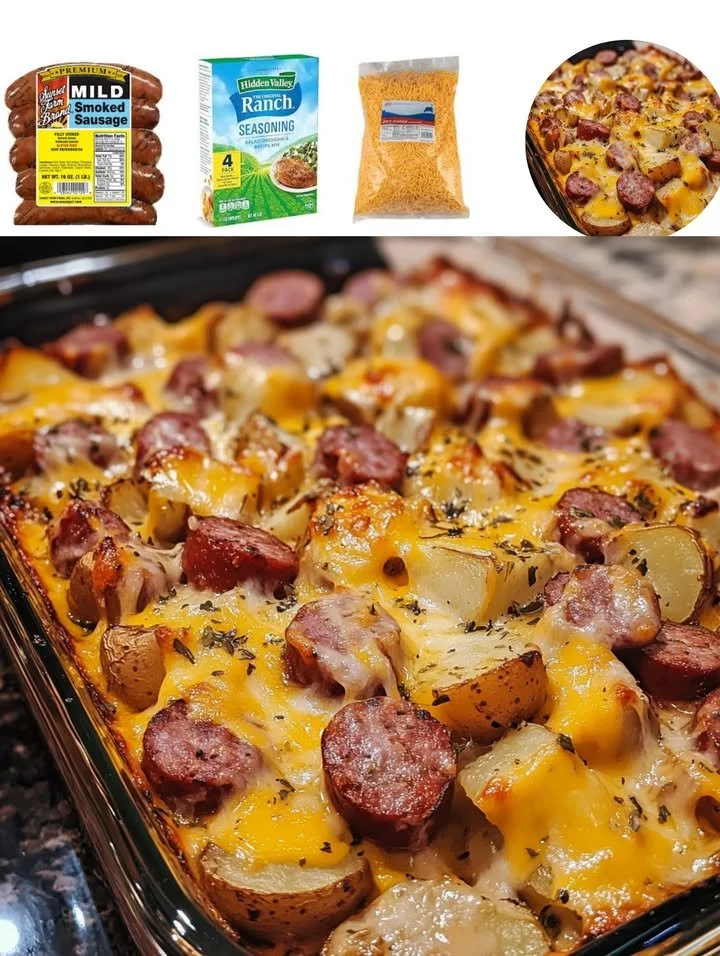Cheesy Ranch Potatoes and Sausage dish garnished with herbs