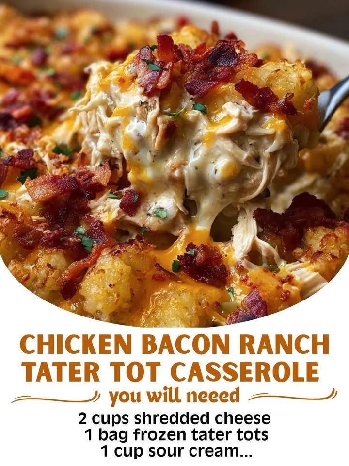 Chicken Bacon Ranch Tater Tot Casserole served in a dish
