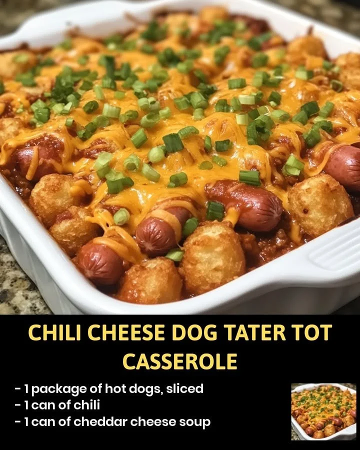 Chili Cheese Dog Tater Tot Casserole topped with melted cheese and chili