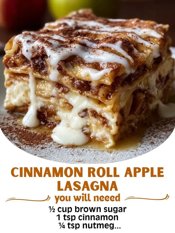 Cinnamon roll apple lasagna layered with cinnamon rolls and baked apples.
