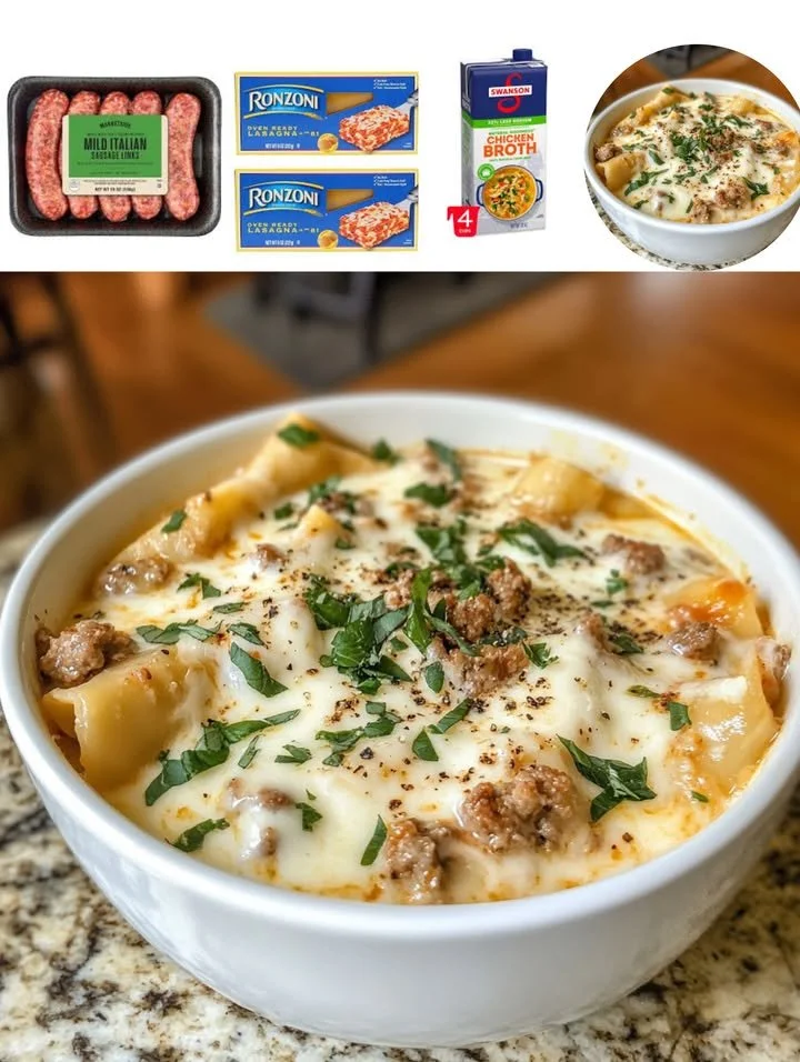 Creamy Alfredo Lasagna Soup in a bowl, garnished with herbs and cheese