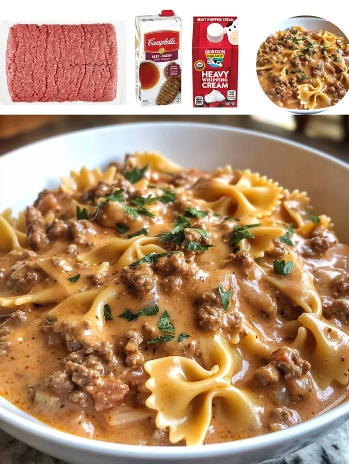 Creamy beef and bowtie pasta dish garnished with herbs