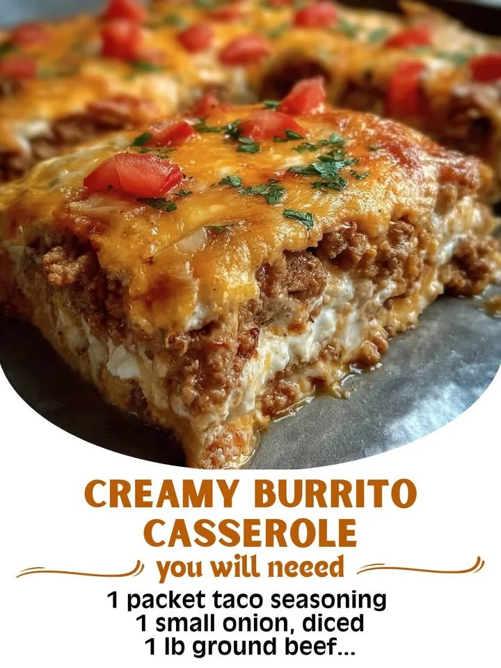 Delicious creamy burrito casserole served in a baking dish