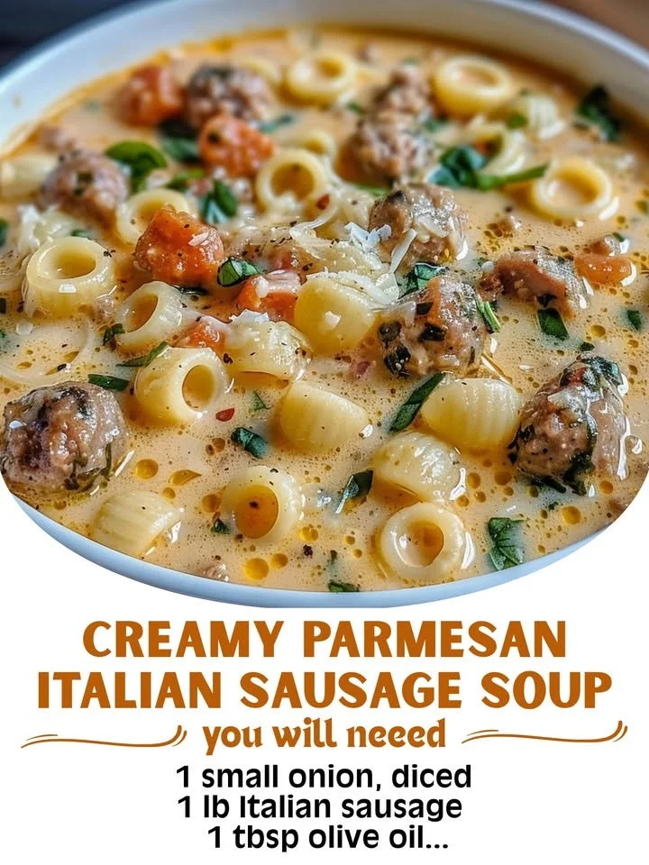 Creamy Parmesan sausage soup with ditalini pasta in a bowl