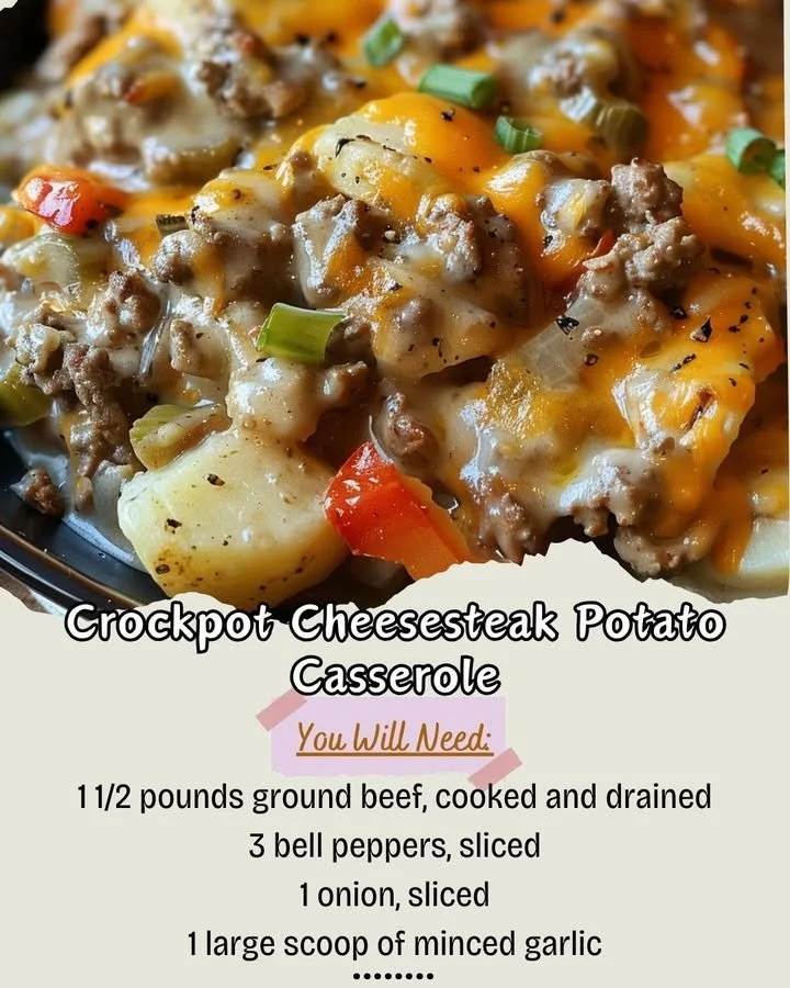 Crockpot cheesesteak potato casserole served on a plate