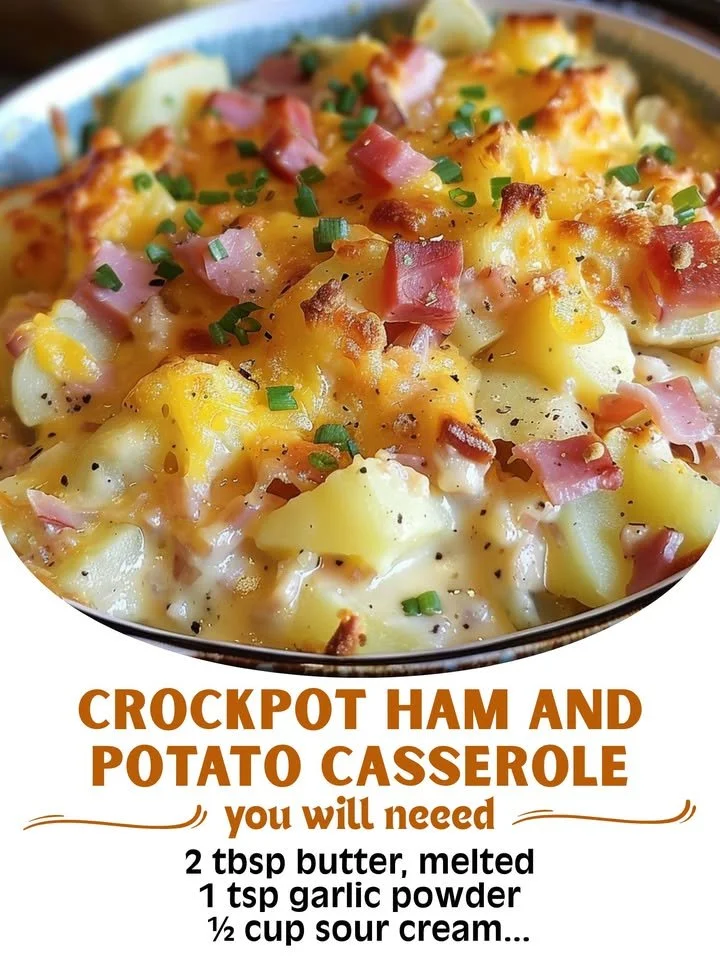 Delicious crockpot ham and potato casserole with melted cheese and fresh herbs