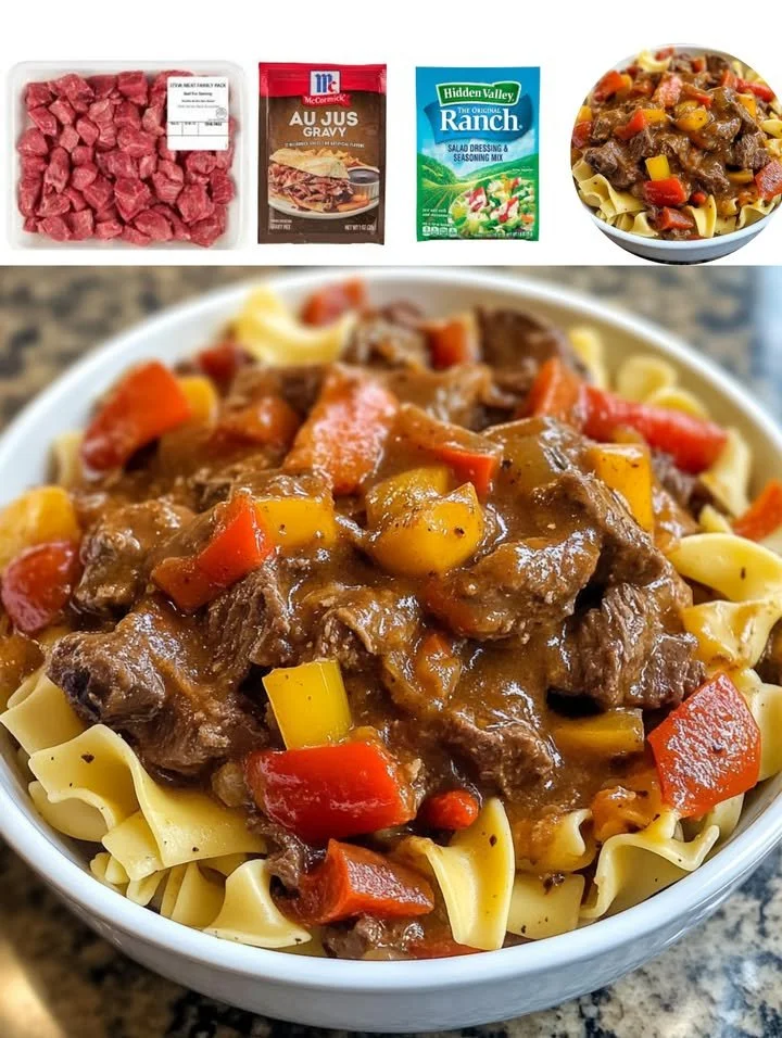 Crockpot Mississippi Beef and Noodles served in a bowl with fresh herbs