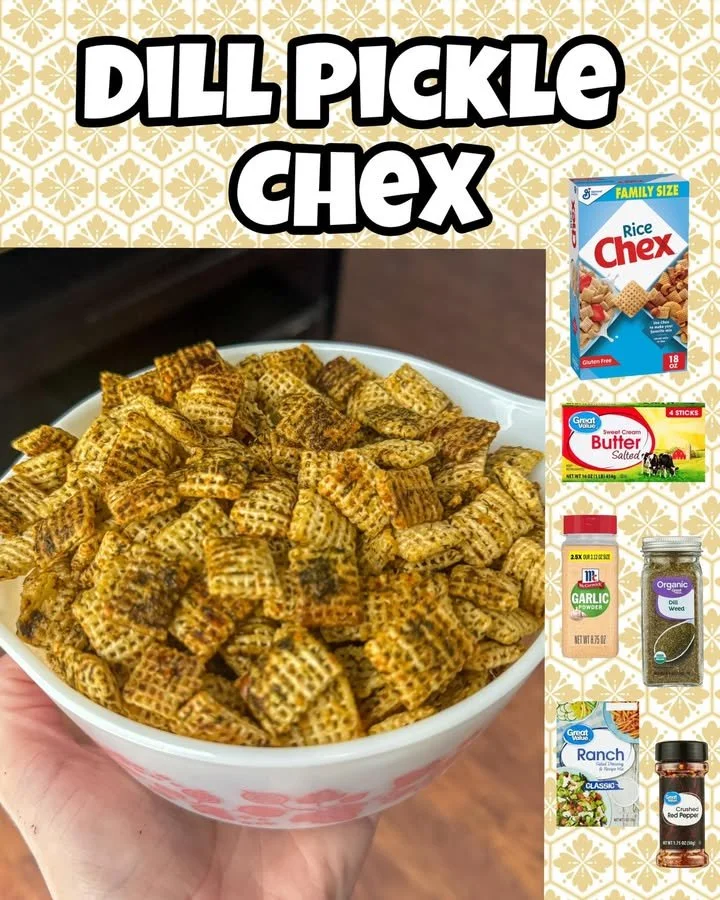 Bowl of Dill Pickle Chex mix with crunchy cereal and pickle flavoring.