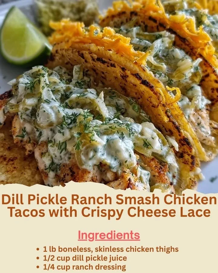 Dill Pickle Ranch Smash Chicken Tacos topped with Crispy Cheese Lace