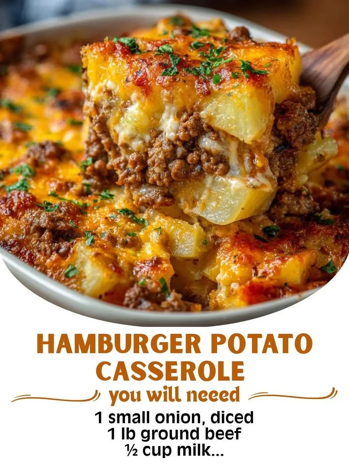 Delicious easy hamburger potato casserole served in a baking dish