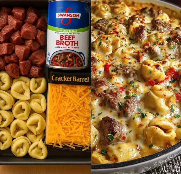 Golden Cheese Steak Tortellini Casserole topped with melted cheese