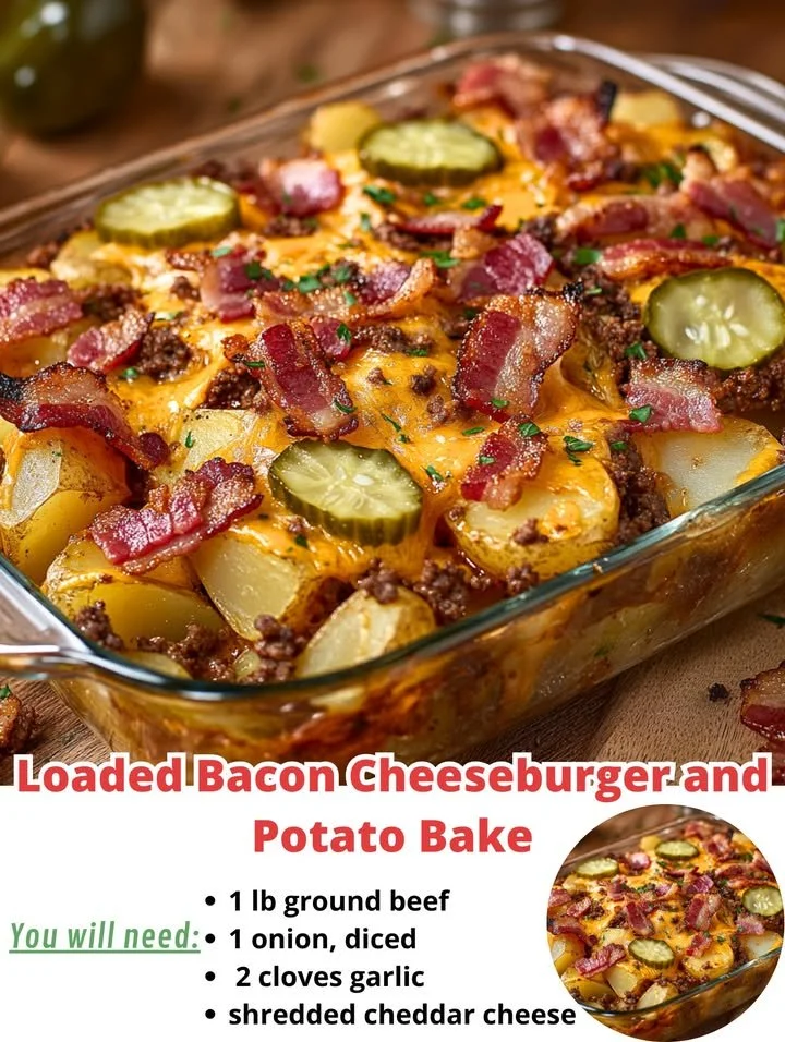 Loaded bacon cheeseburger topped with melted cheese in a delicious potato bake