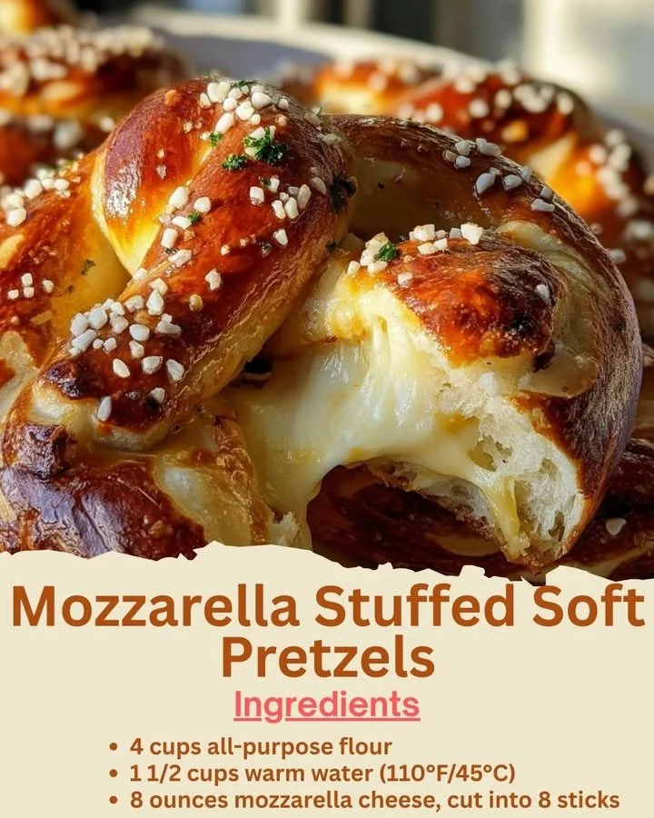 Freshly baked mozzarella stuffed soft pretzels on a wooden board