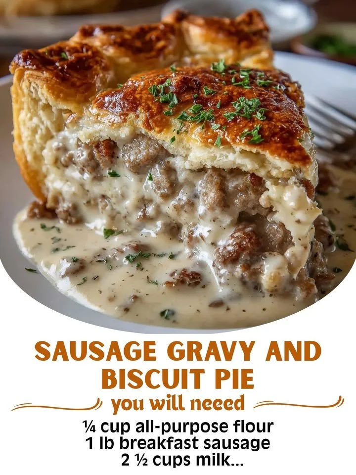 Sausage gravy served over flaky biscuits in a delicious pie dish.