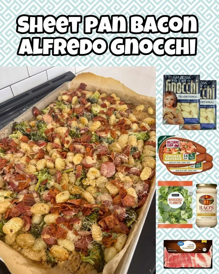 Sheet pan bacon alfredo gnocchi baked with crispy bacon and creamy sauce.