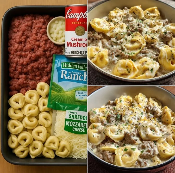 Bowl of creamy ranch beef tortellini made in a slow cooker with herbs and spices.