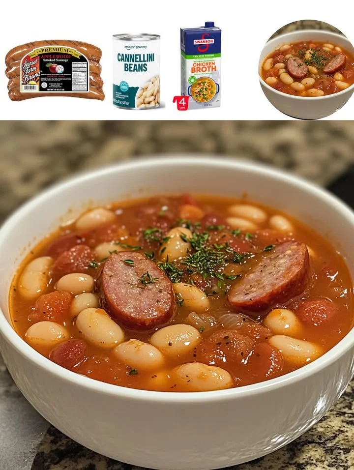 Delicious slow cooker smoked sausage and bean stew in a bowl