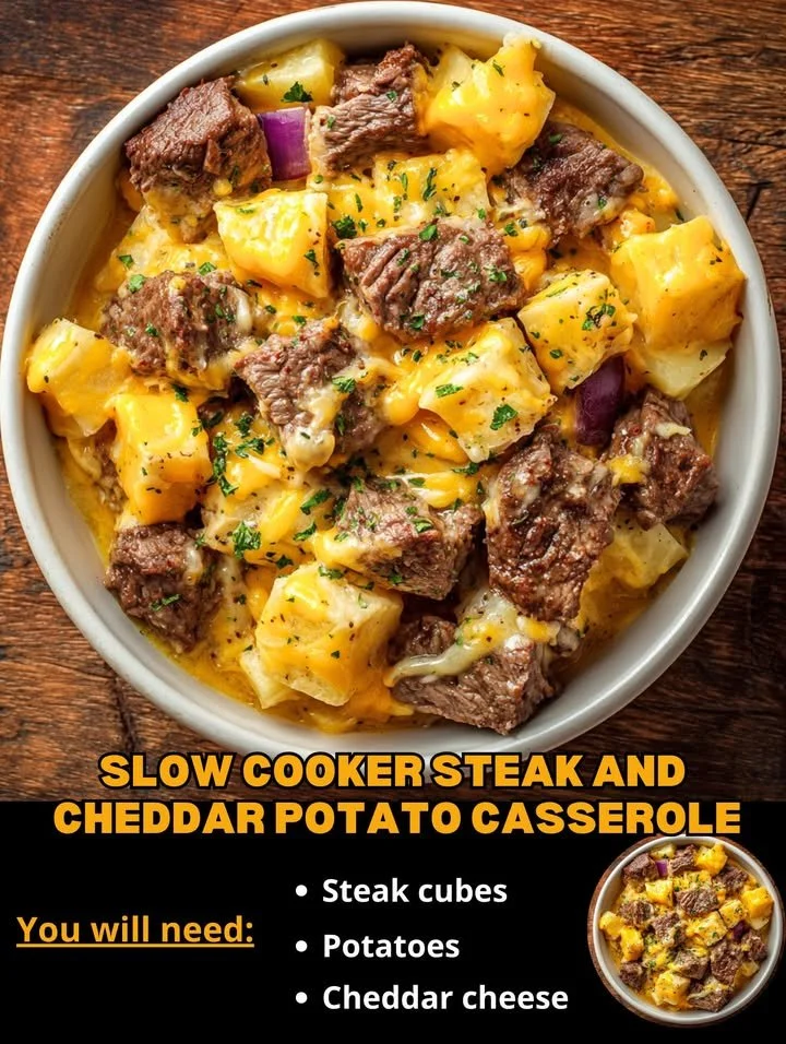 Slow Cooker Steak and Cheddar Potato Casserole served in a bowl
