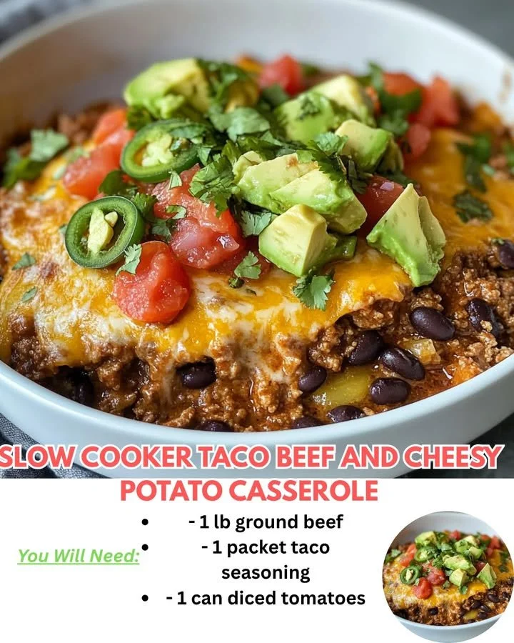 A hearty slow cooker taco beef and cheesy potato casserole dish.
