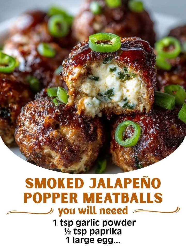Smoked jalapeño popper meatballs garnished with jalapeños and cheese