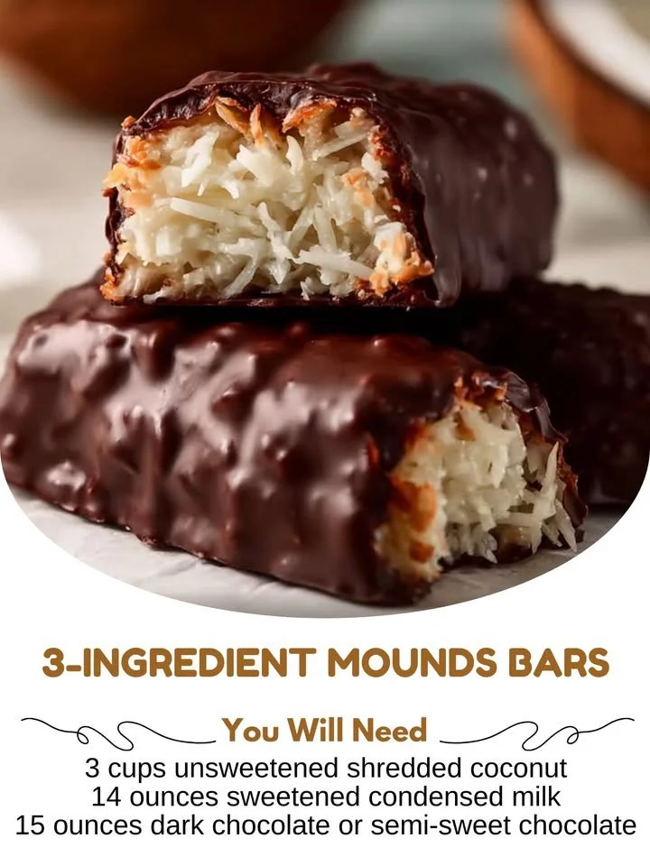 Delicious homemade 3-Ingredient Mounds Bars with coconut and chocolate.