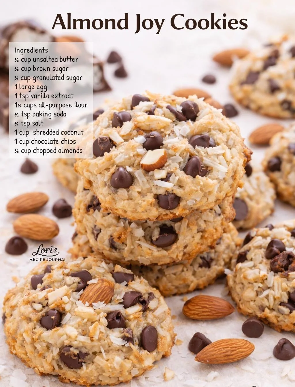 Delicious soft and chewy Almond Joy Cookies with chocolate, coconut, and almonds