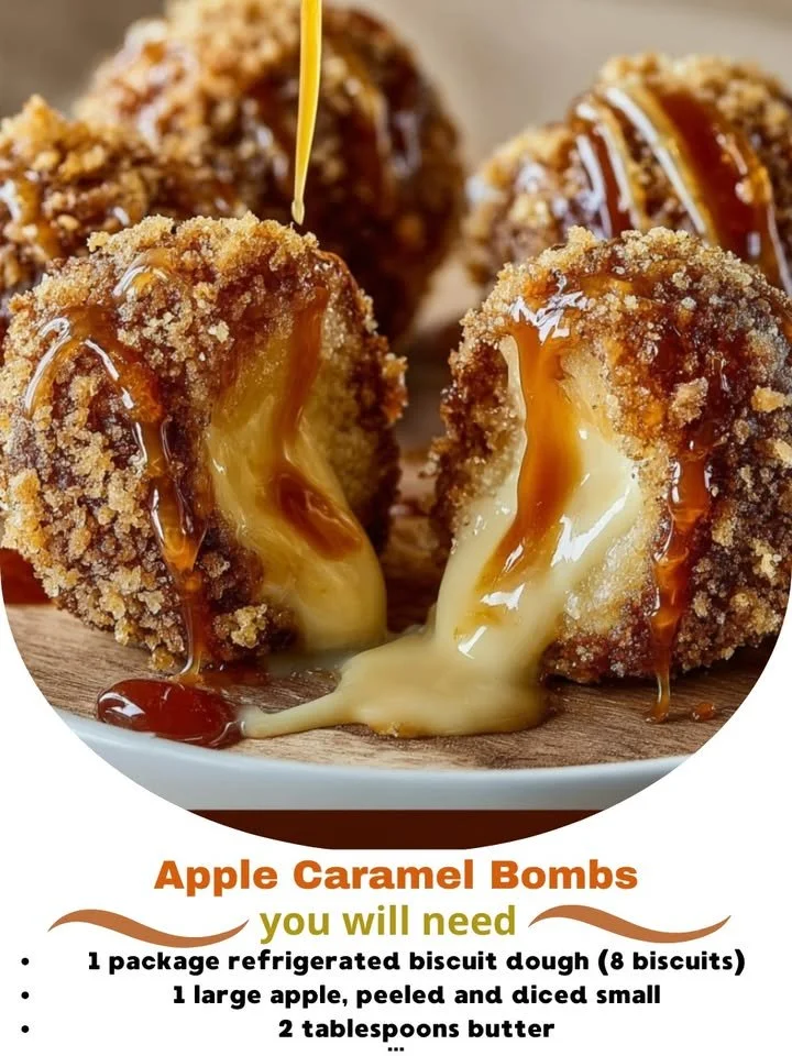 A plate of delicious Apple Caramel Bombs drizzled with caramel sauce.