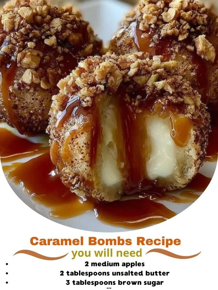 Apple Caramel Bombs drizzled with caramel sauce on a plate