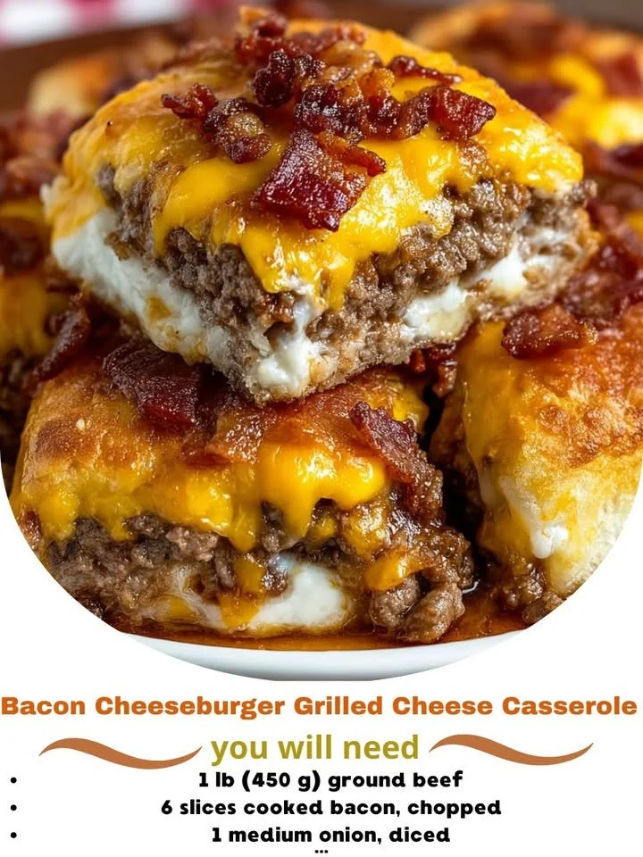Bacon Cheeseburger Grilled Cheese Casserole served in a baking dish