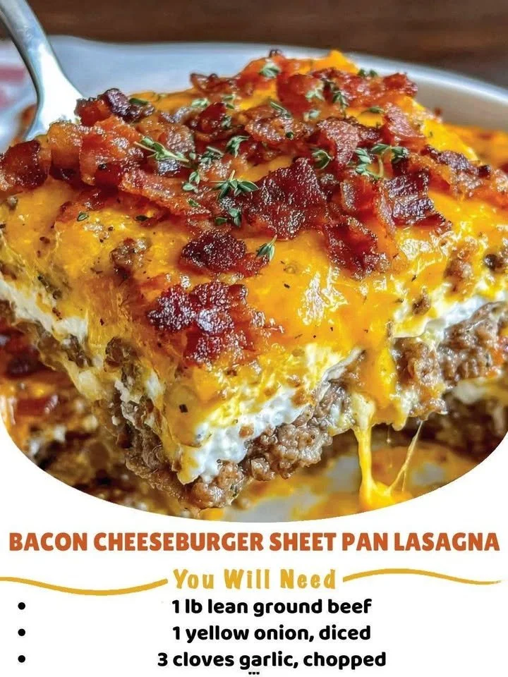 Delicious bacon cheeseburger lasagna ready to serve on a sheet pan.