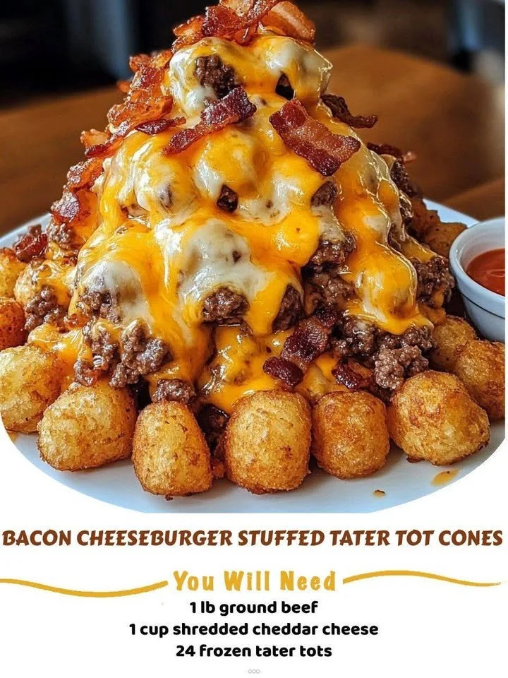 Bacon cheeseburger stuffed tater tot cones topped with cheese and bacon