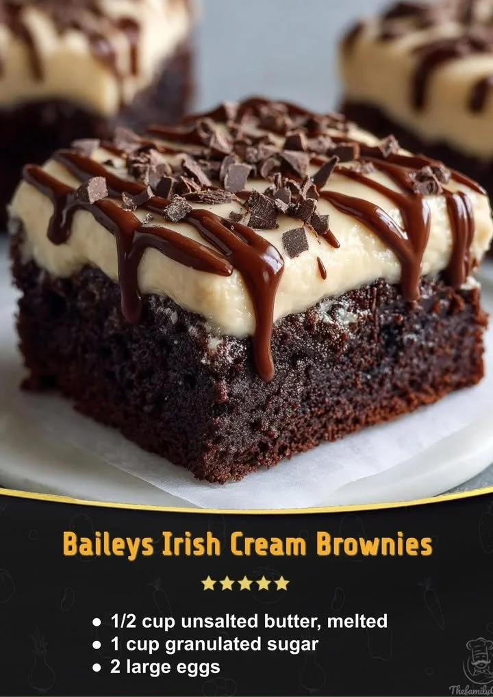 Decadent Baileys Irish Cream Brownies topped with chocolate drizzle