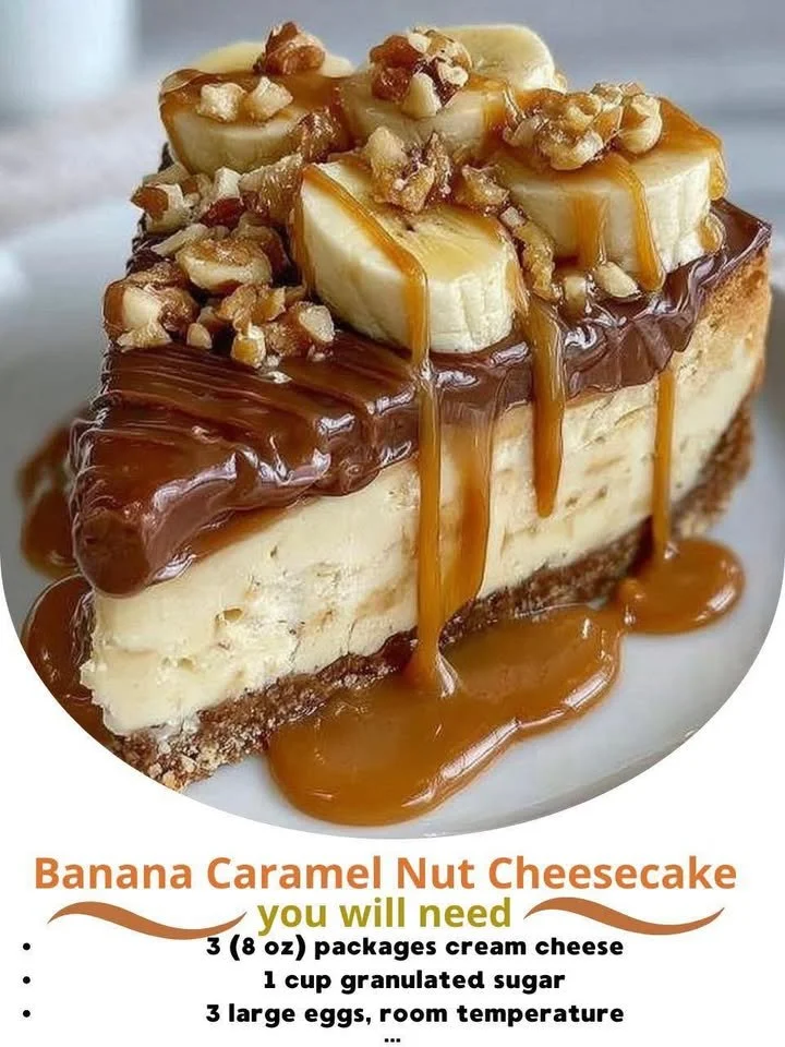 Delicious Banana Caramel Nut Cheesecake topped with nuts and caramel sauce