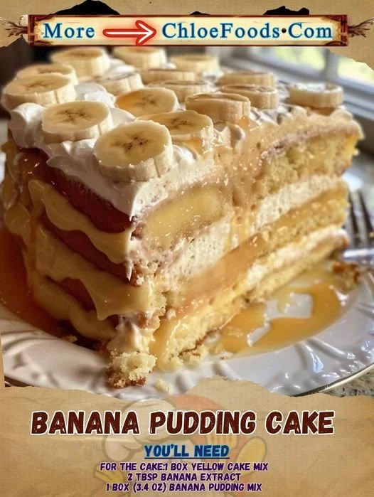 Delicious homemade Banana Pudding Cake served on a rustic wooden table.