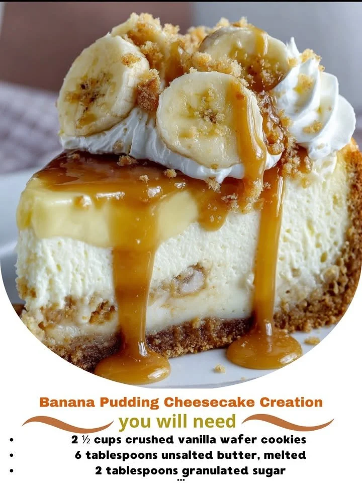 Slice of delicious Banana Pudding Cheesecake topped with banana slices and whipped cream