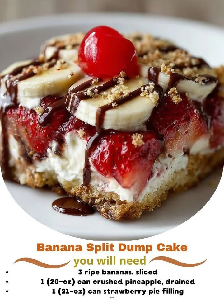 Delicious Banana Split Dump Cake topped with cherries and whipped cream.