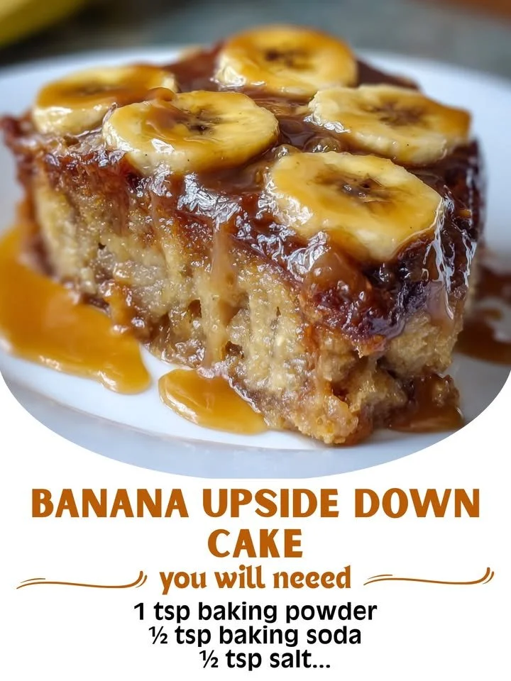 Deliciously served Banana Upside Down Cake with caramelized bananas on top