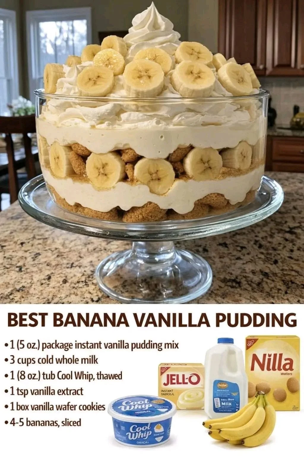 Delicious banana vanilla pudding served in a glass bowl with banana slices.