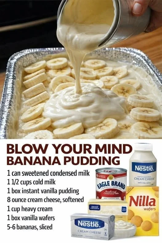 Delicious bowl of the best banana pudding topped with whipped cream and bananas