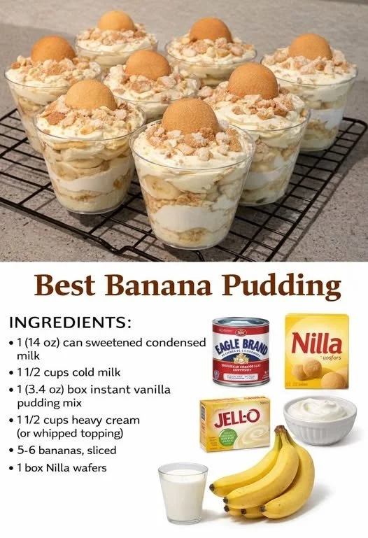 Delicious banana pudding cups topped with whipped cream and banana slices.