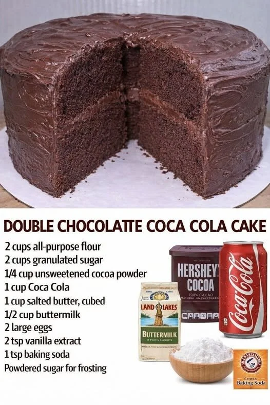 Delicious double chocolate Coca Cola cake topped with chocolate icing.