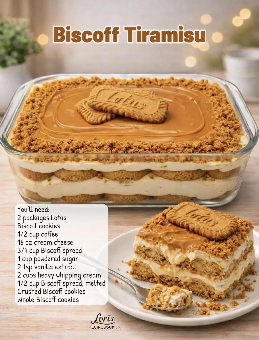 Delicious Biscoff tiramisu dessert with creamy layers and Biscoff cookie crumbles.
