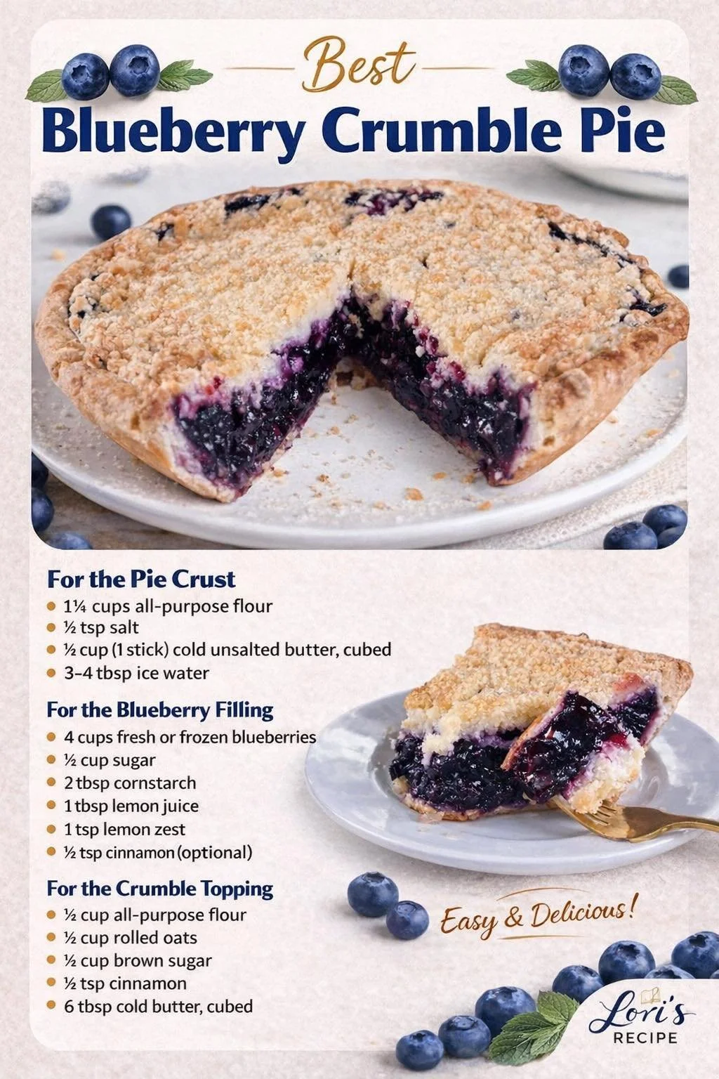 Delicious blueberry crumble pie fresh from the oven with a golden crumble topping.