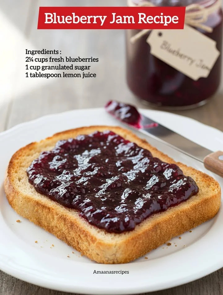 Homemade blueberry jam in a jar with fresh blueberries beside it