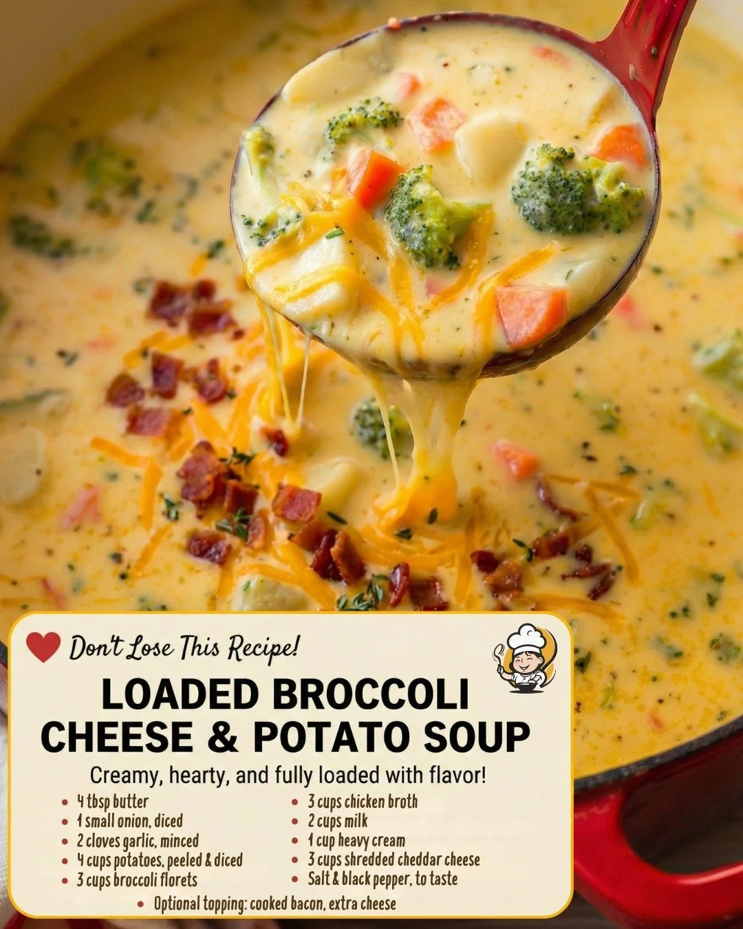 Creamy Broccoli Cheddar Soup served in a bowl with fresh broccoli and cheese toppings.