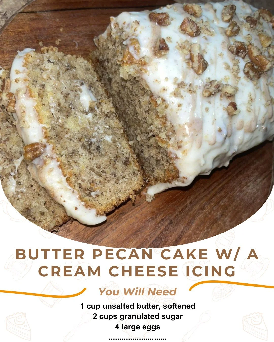 Butter Pecan Cake topped with creamy icing, garnished with pecans.